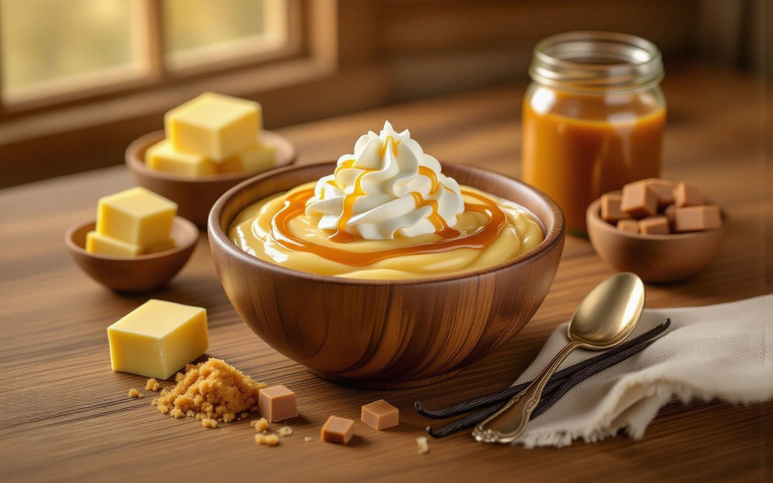 Bowl of Butterscotch Pudding With Ingredients