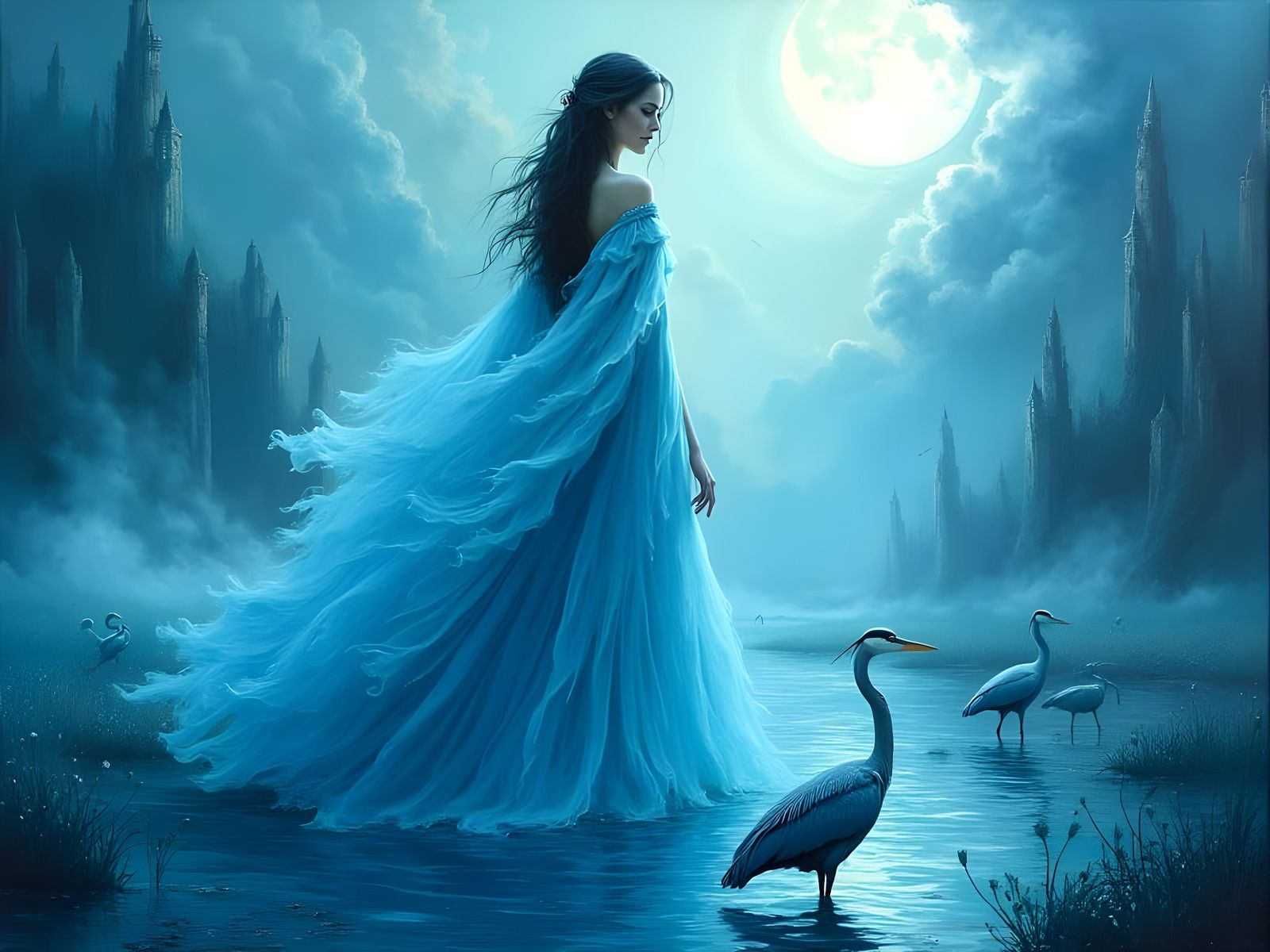 Ethereal Woman Emerges from Midnight Pond in a Dreamlike Aes...