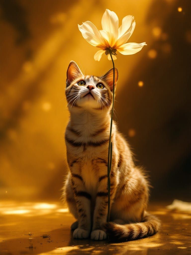 Adorable Cat Bathed in Golden Light Under Flower