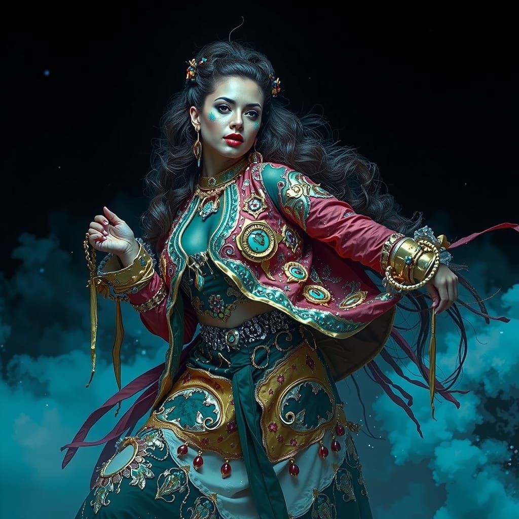 Elegant Woman in Maximalist Scene with Vivid Colors