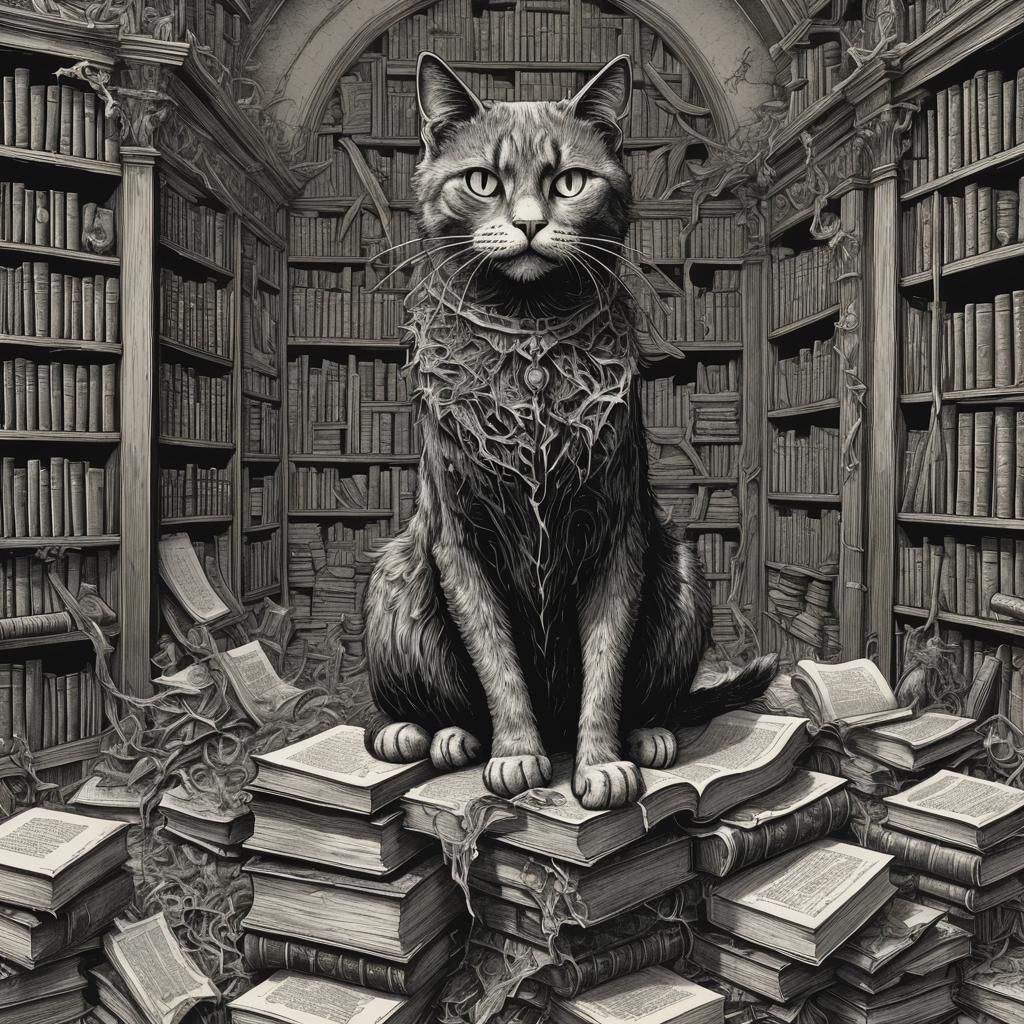 Cat from Hell in Gothic Library Illustration