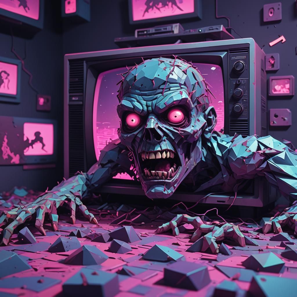 Zombie Crawling Out of TV in Vaporwave Style