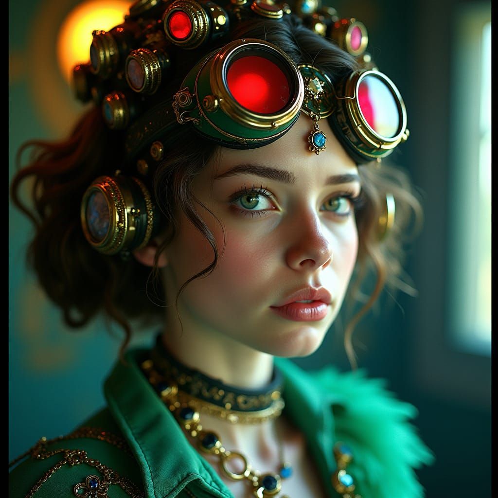 Steampunk Woman in Victorian Outfit with Steam-Powered Jewel...