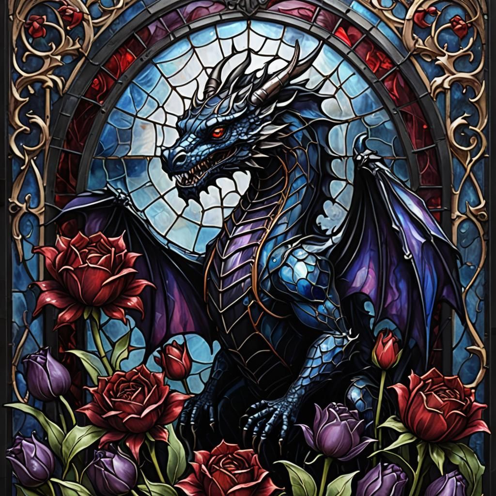 Gothic Stained Glass Dragon with Dark Flowers