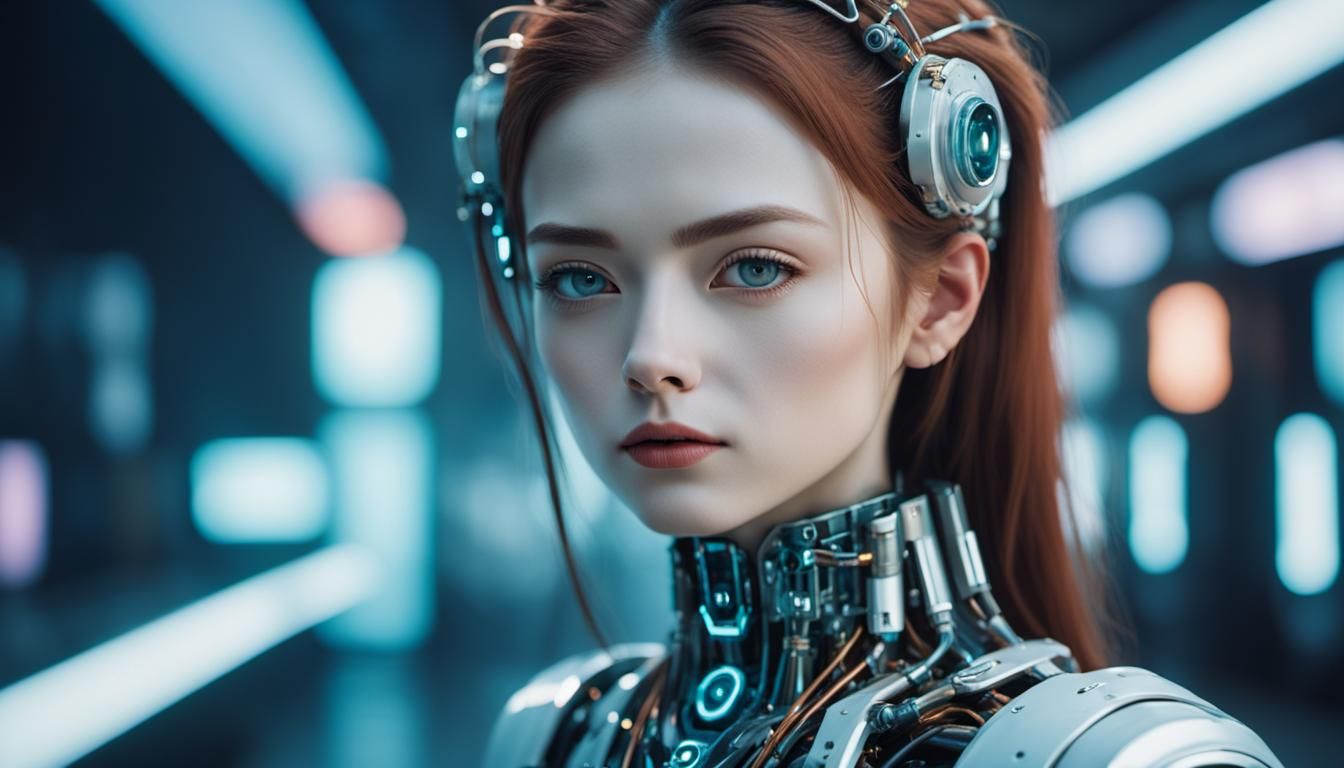 Elegant Cybernetic Woman: Detailed Cinematic Portrait