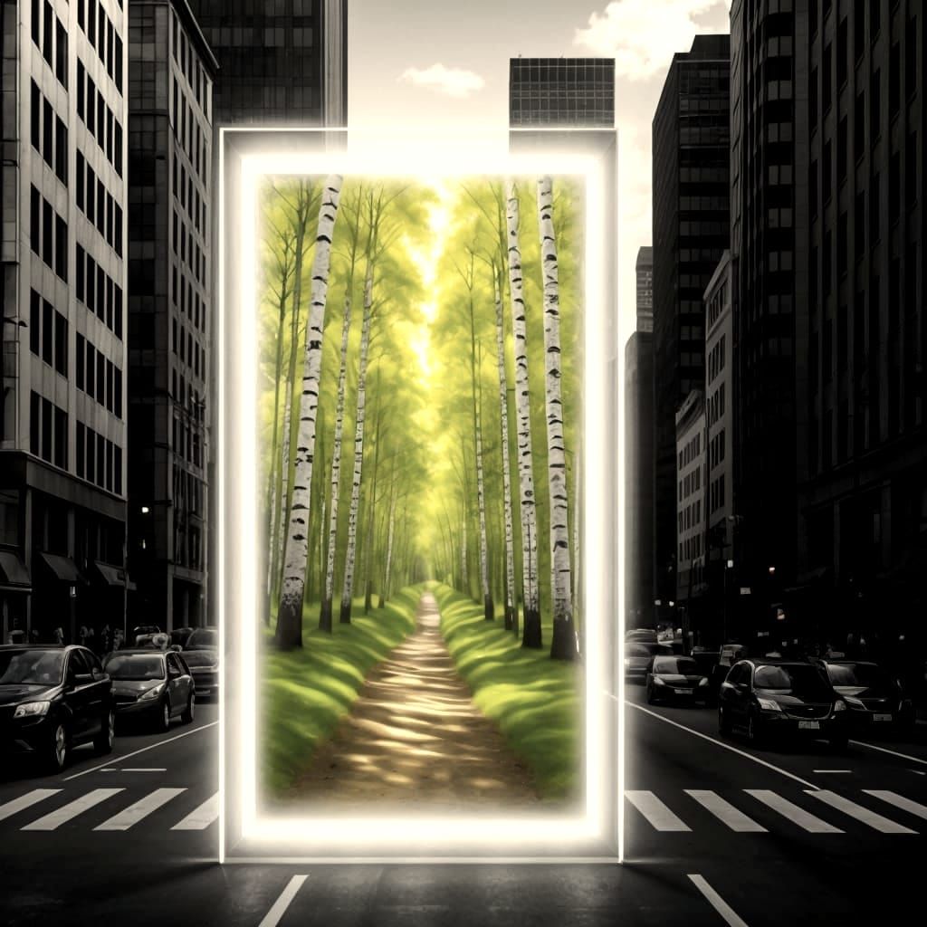 Magic Portal Connects City Street to Sunny Forest