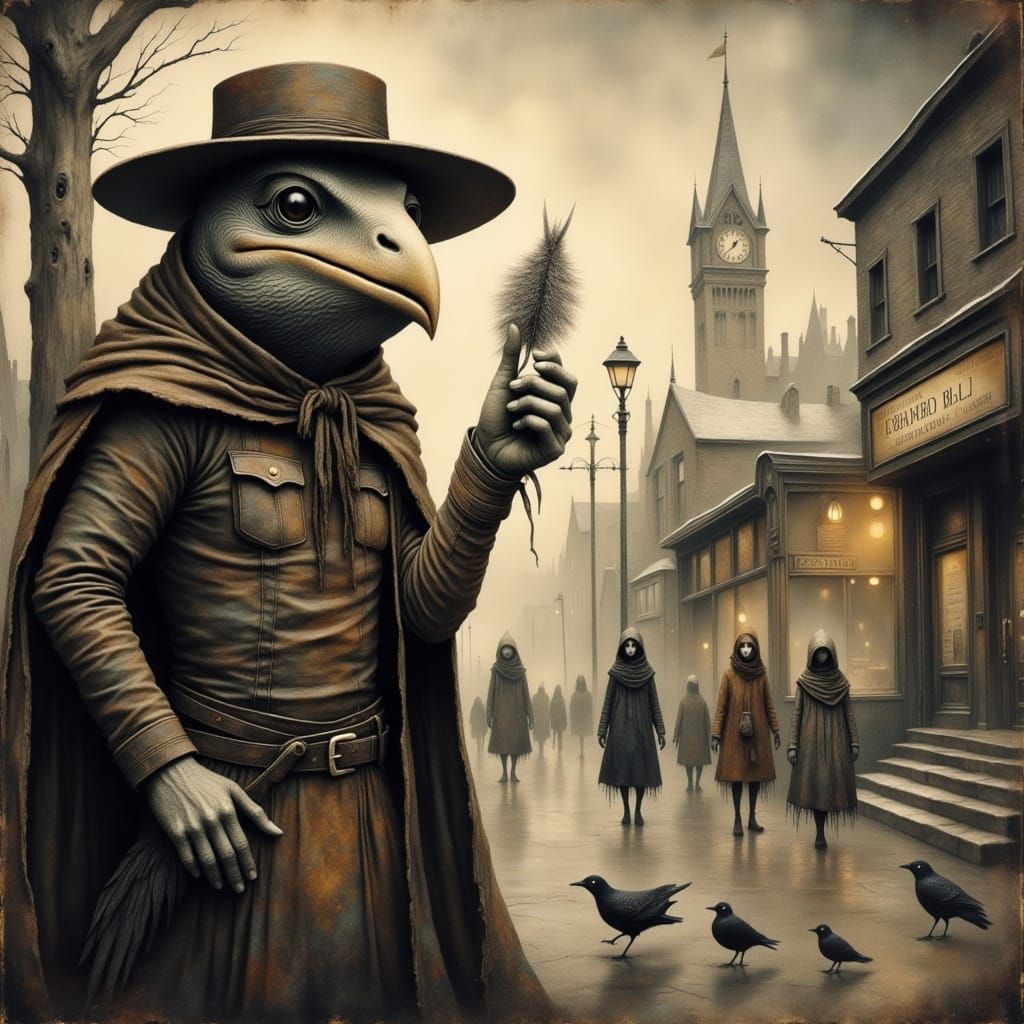 Surreal Urban Lizard-Man in Sinister Snowy Cityscape
