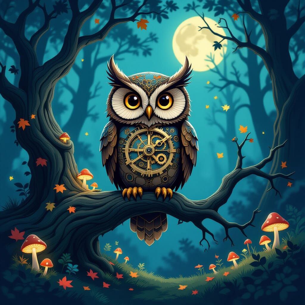 Clockwork Owl in Moonlit Forest Storybook Style