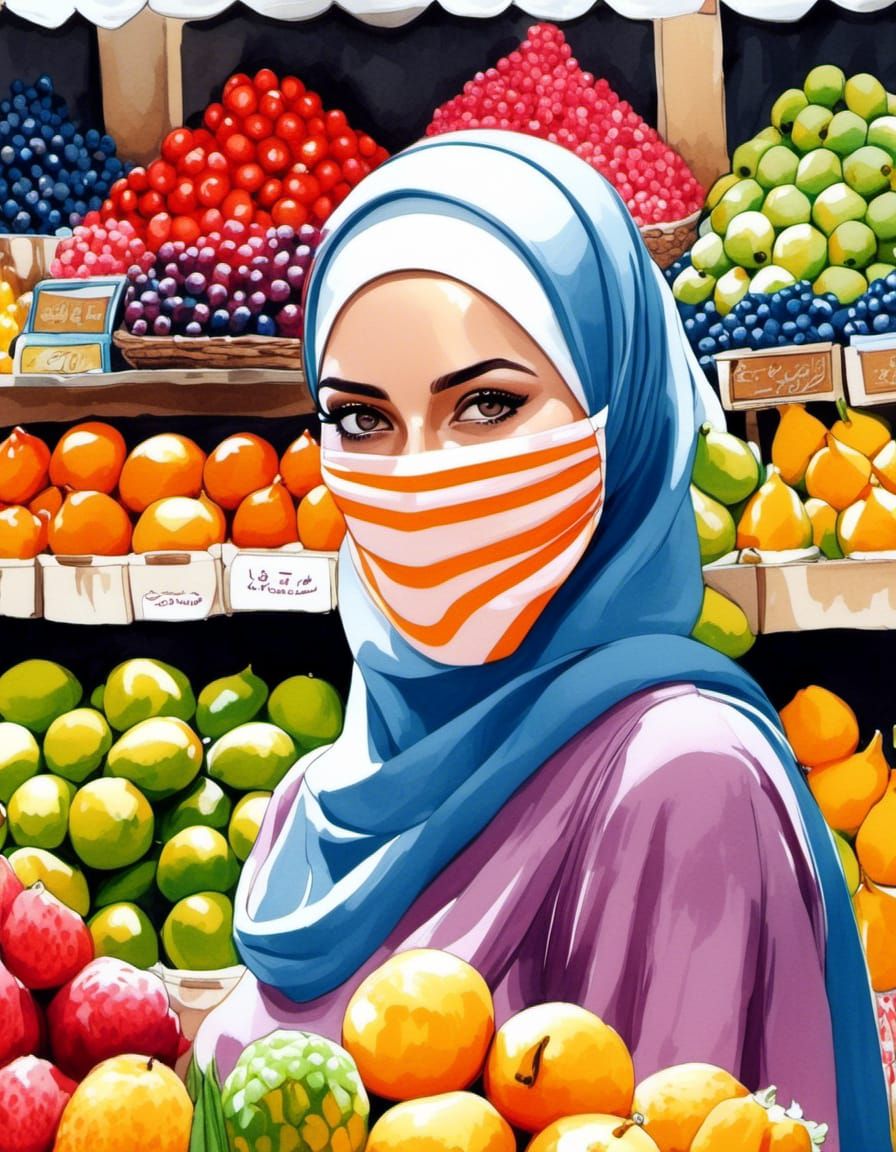 European Hijabi Market Woman with Facemask in Watercolor