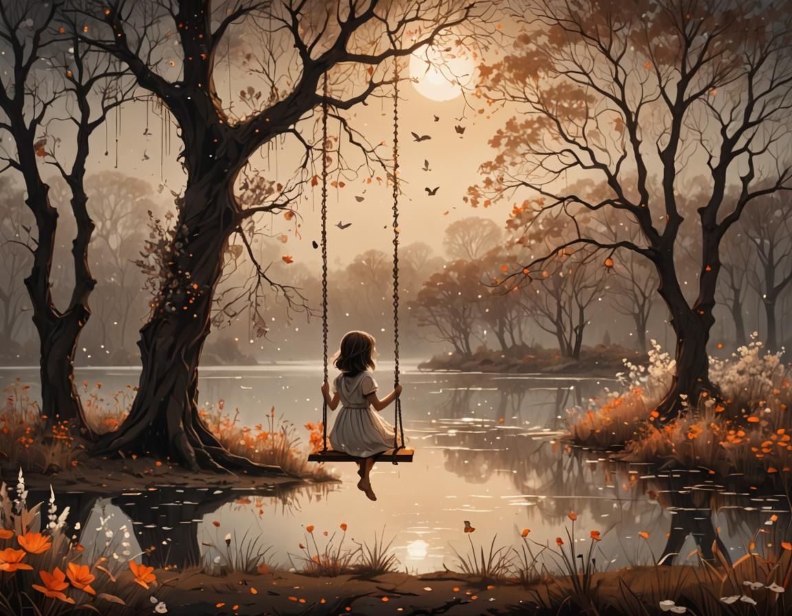 Ethereal Twilight: Girl on Swing in Mystical Illustration