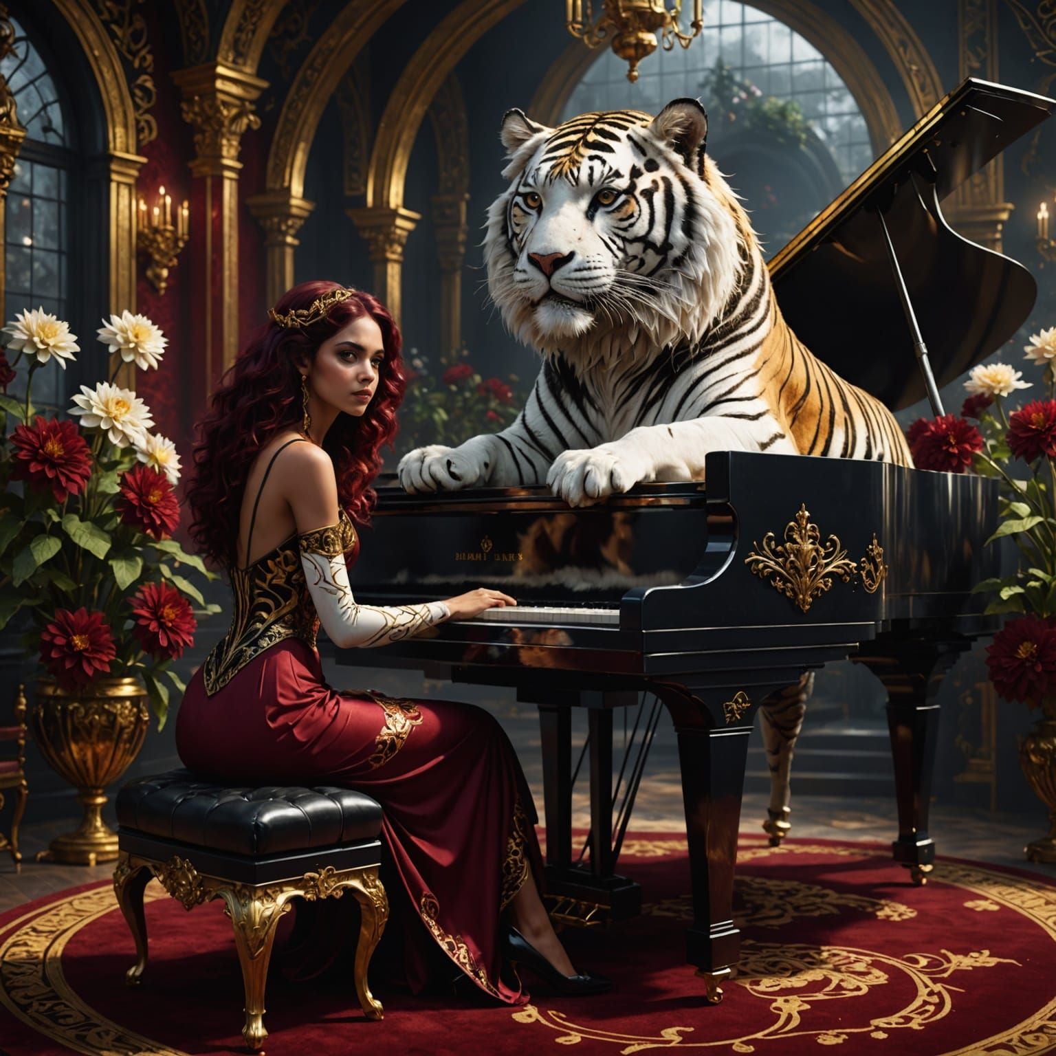 Dark Red Princess of Dahlias Plays Piano Amidst Tigers in Fa...