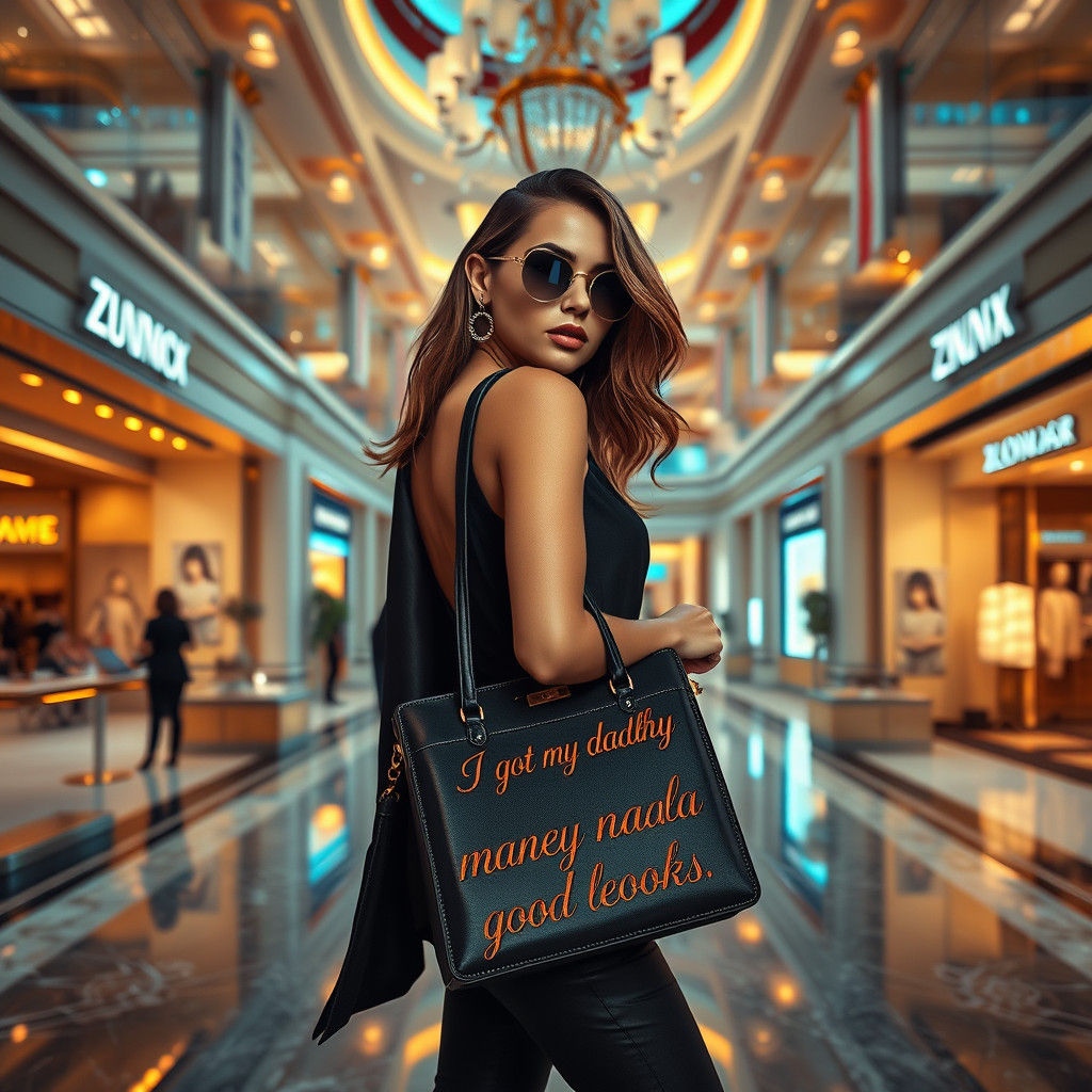Stylish Woman in Mall with Designer Bag