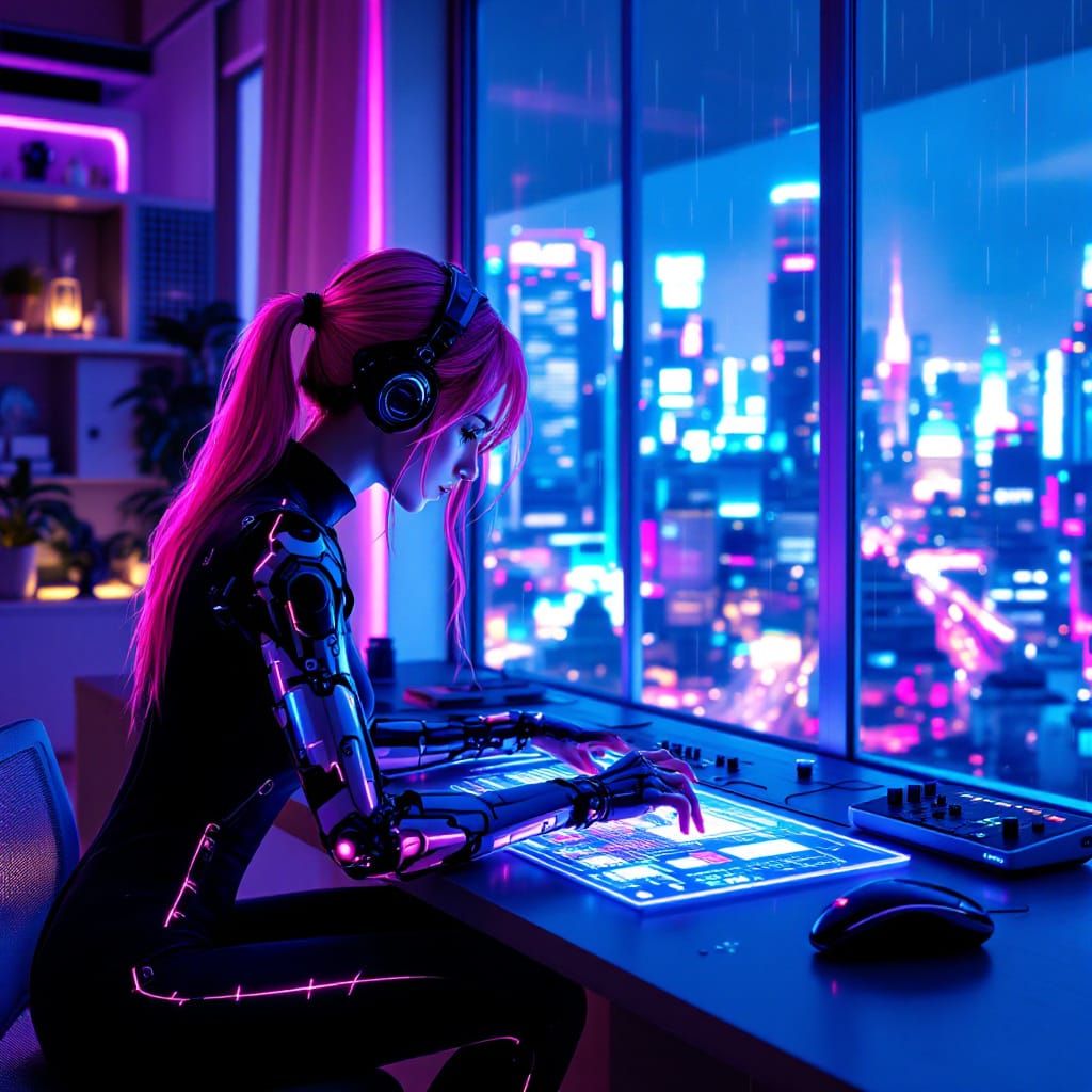 Anime Coder with Cybernetics in Futuristic City