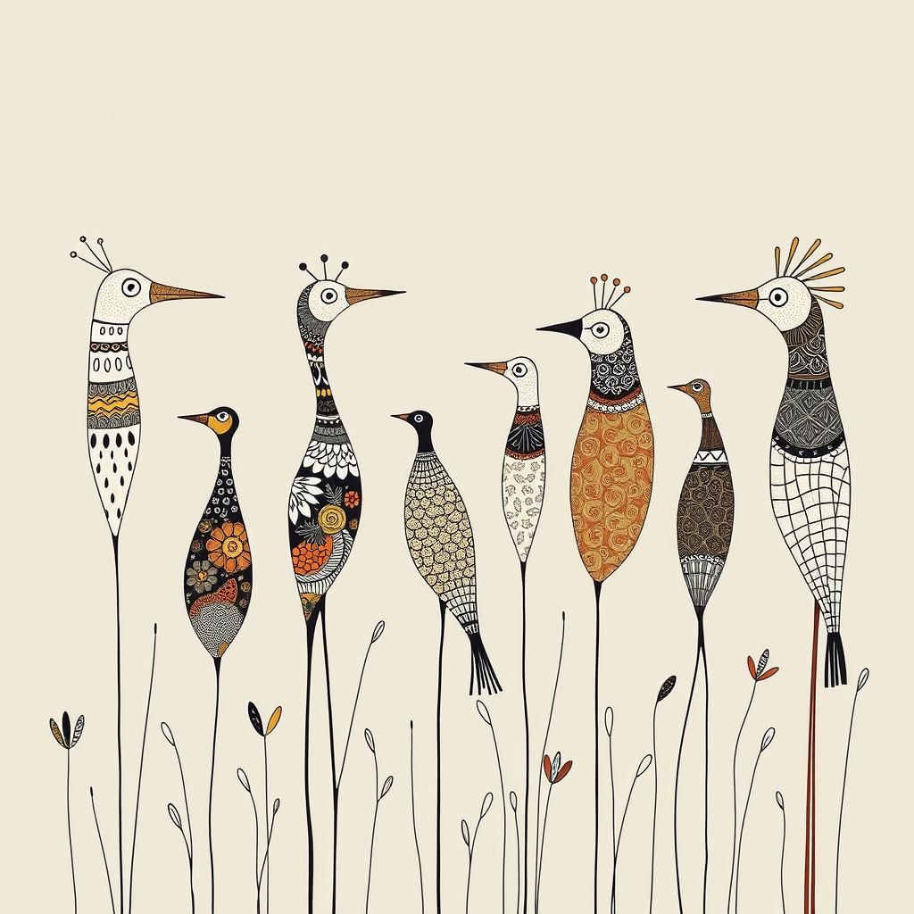 Whimsical Abstract Birds in Textile Print Style