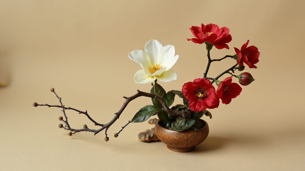 Antique Silk Ikebana Flower Arrangement