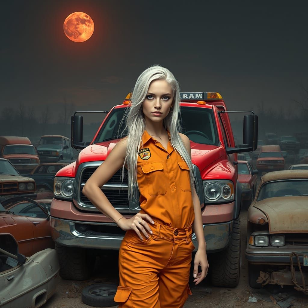 Hyperrealistic Tow Truck Scene with Swedish Goddess