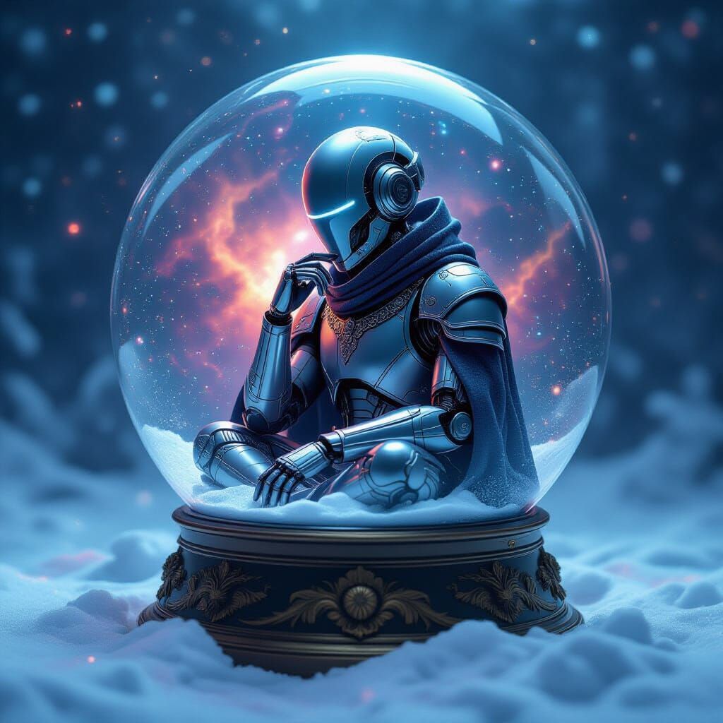 Robot Philosopher Contemplates Nebula in Snow Globe