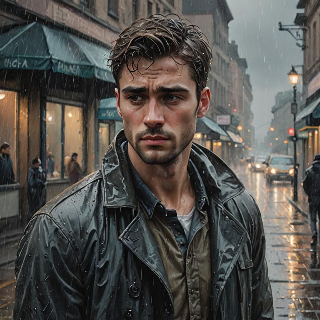 Moody Pastel Portrait of a Man in Rain