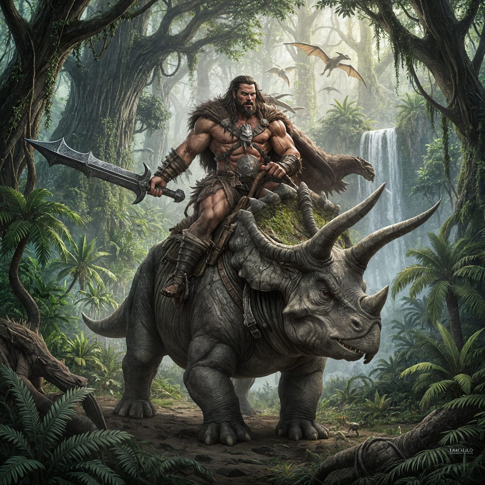 Muscular Barbarian Rides Triceratops Through Primitive Jungl...