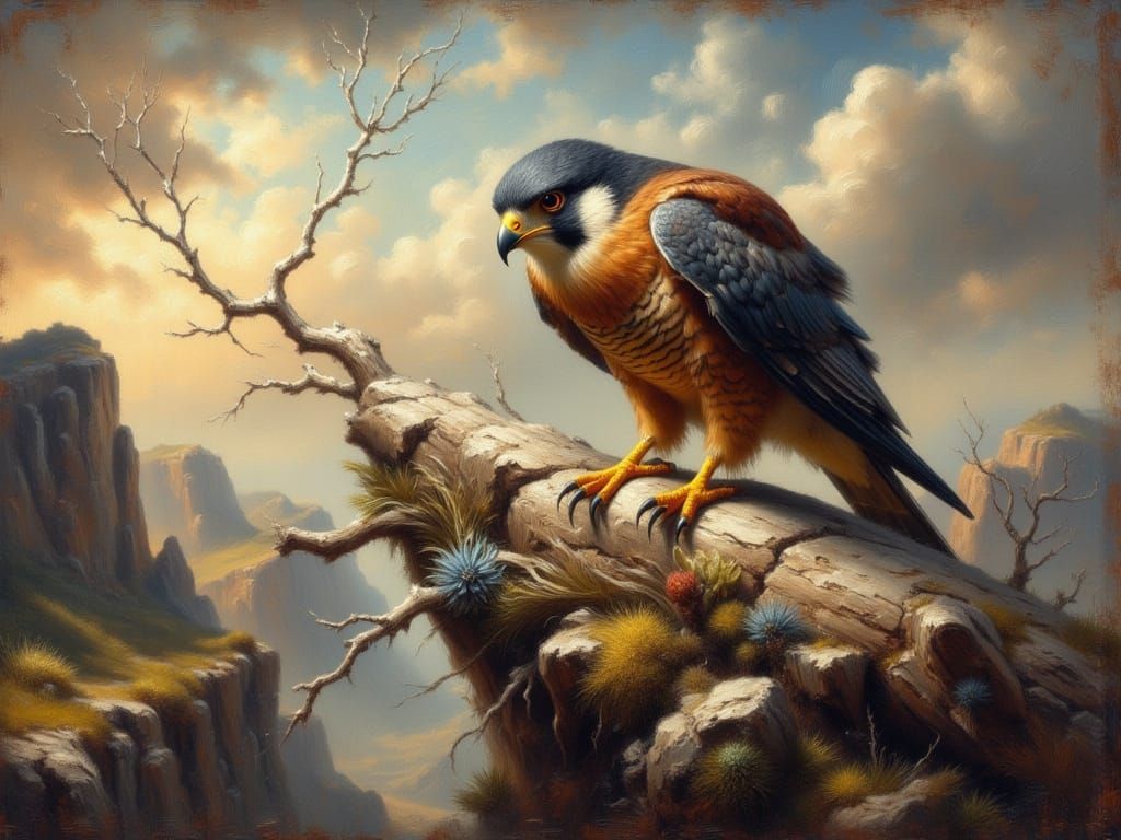 Falcon in Earthy, Mystical Digital Landscape
