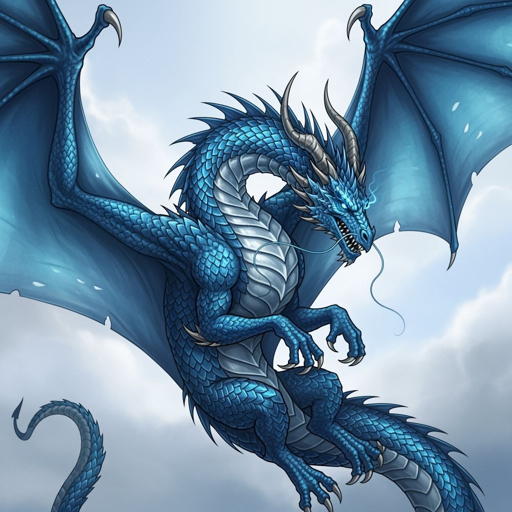 Majestic Blue Dragon in Dynamic Flight: Tattoo Design