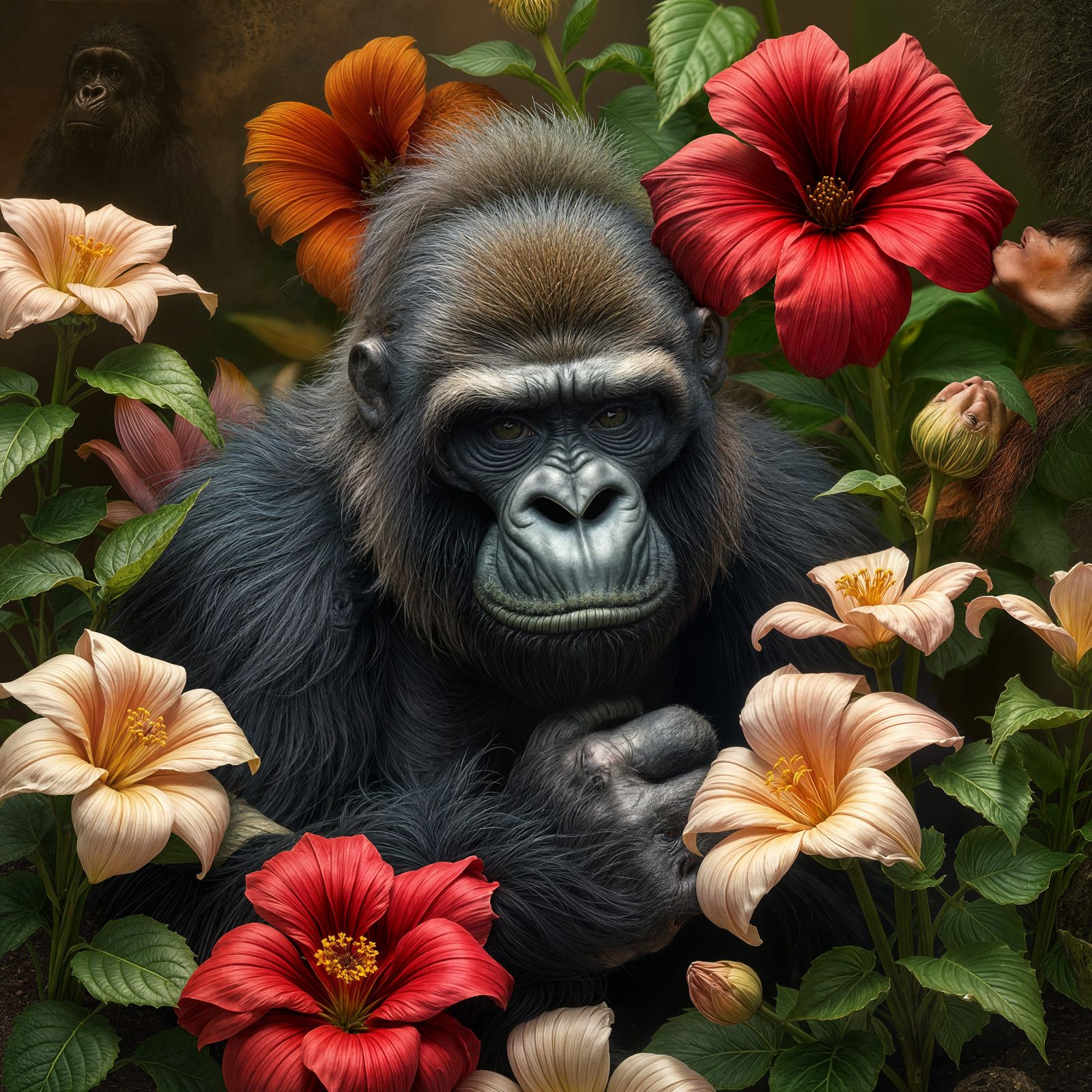 Granny Gorilla with Gardenias in Renaissance Style