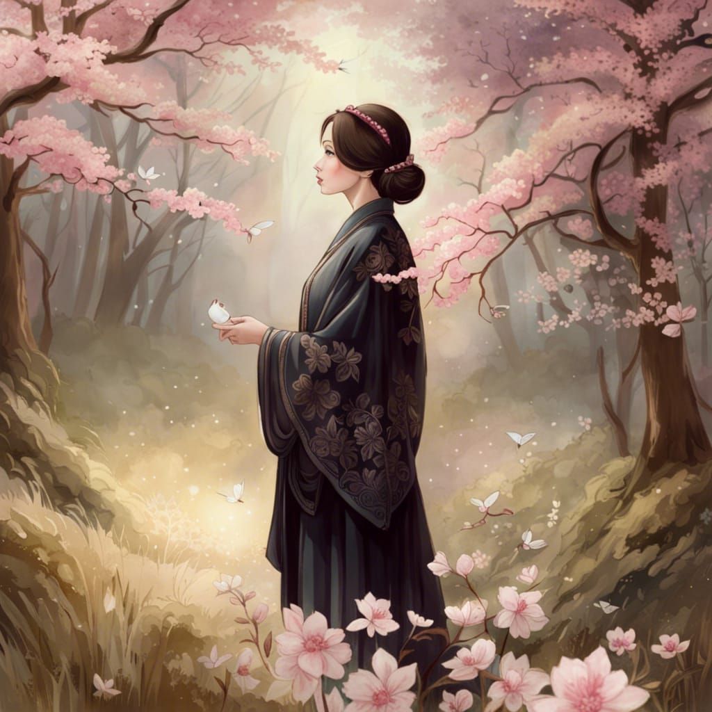 Cherry Blossom Forest in Surrealist Watercolor Style