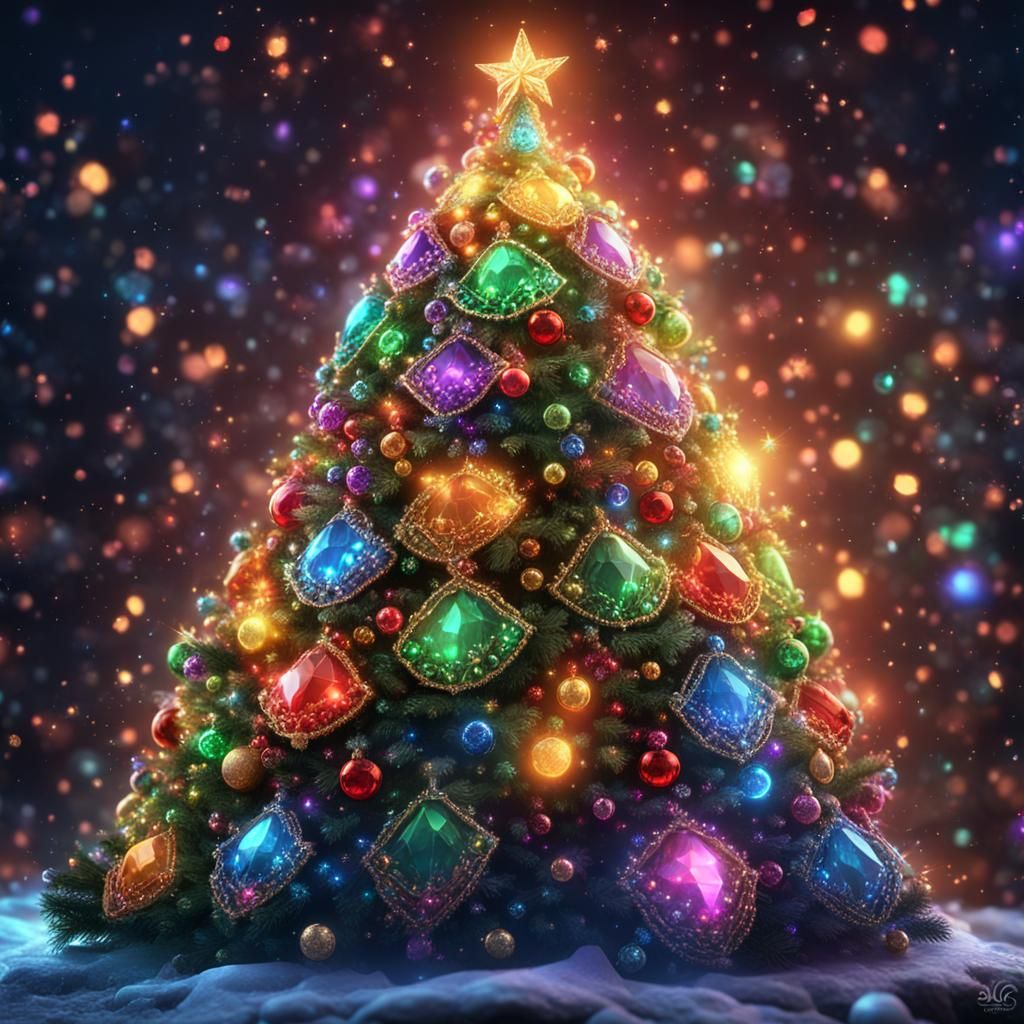 Sparkling Christmas Tree with Multicolored Gems: Fantasy Art