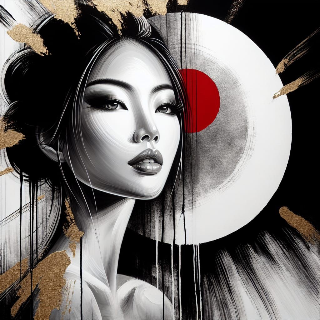 High Contrast Brush Painting of Asian Woman