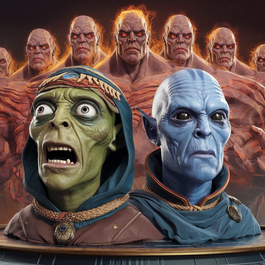 Sci-Fi Image of Frightened Alien Priest with Gods