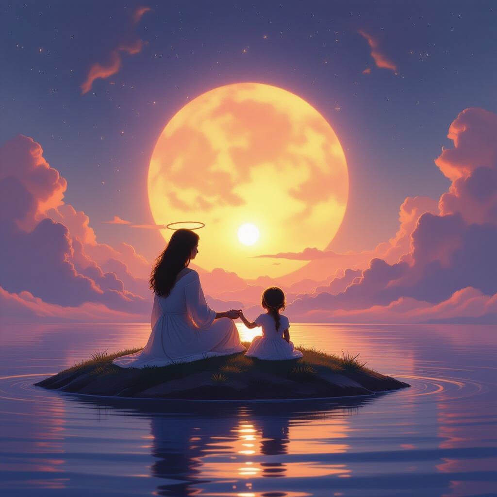 Mother and Child Gazing at Cosmic Sunset