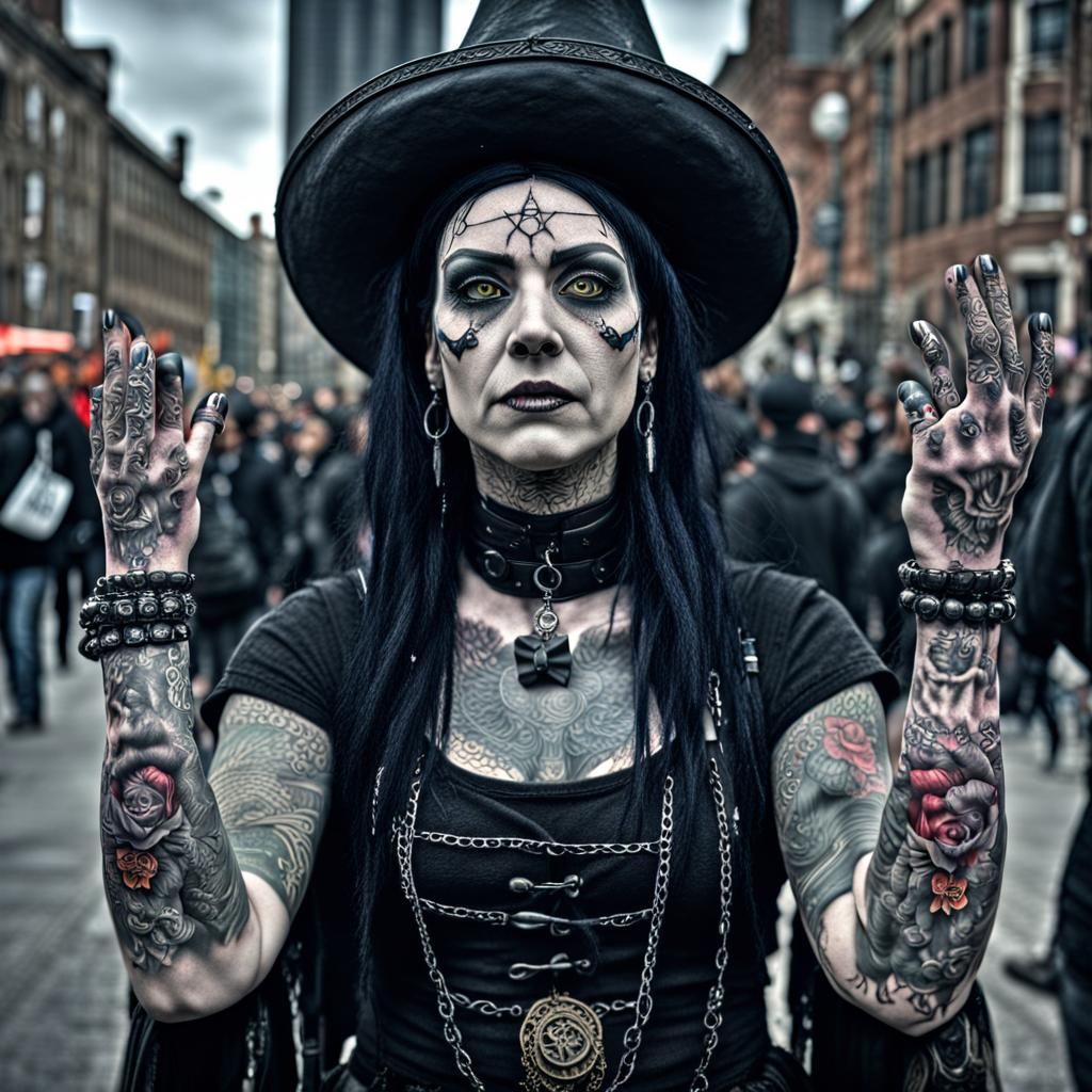 Goth Witch Protesting in Rembrandt Style