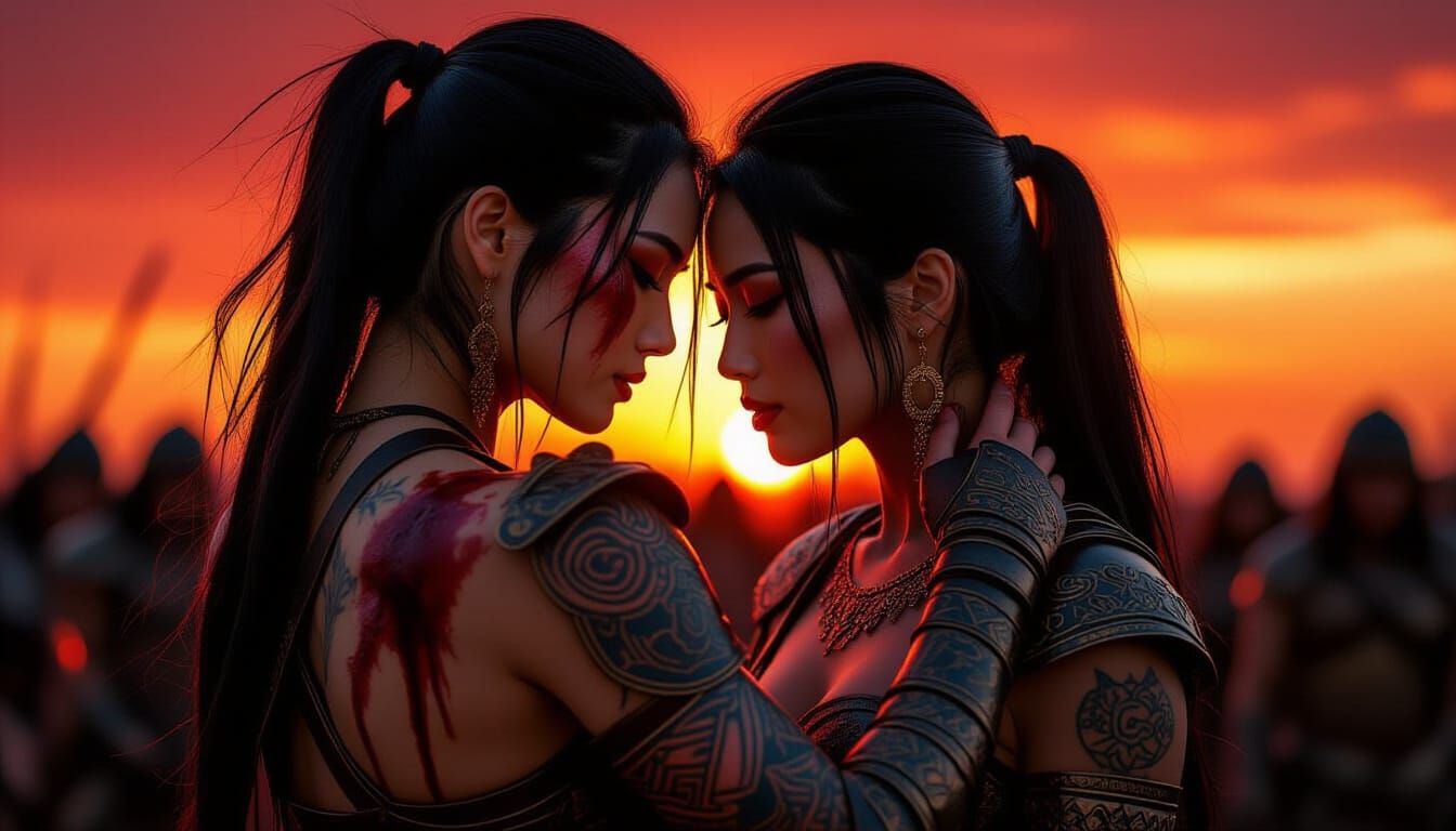 Warrior Women Embrace on Bloody Battlefield