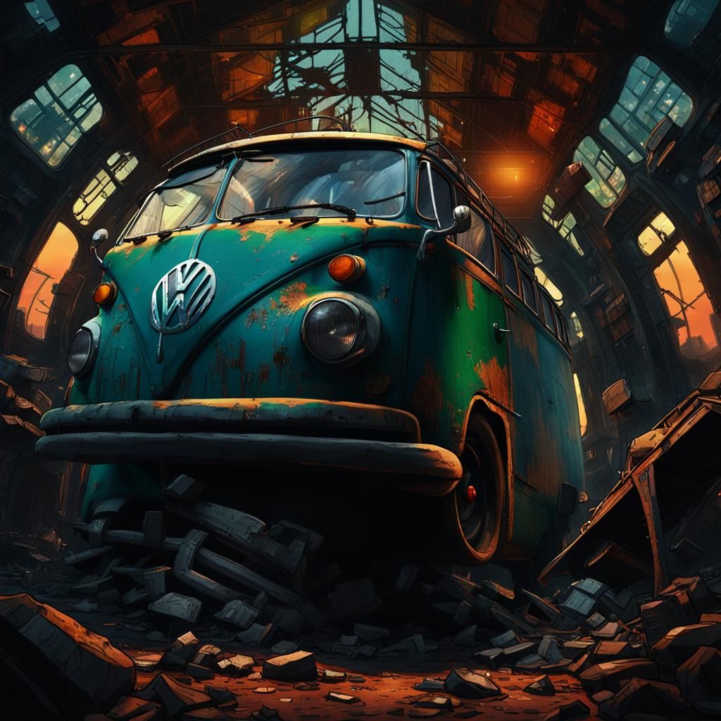 Post-Apocalyptic VW Bus in Ravaged Cityscape