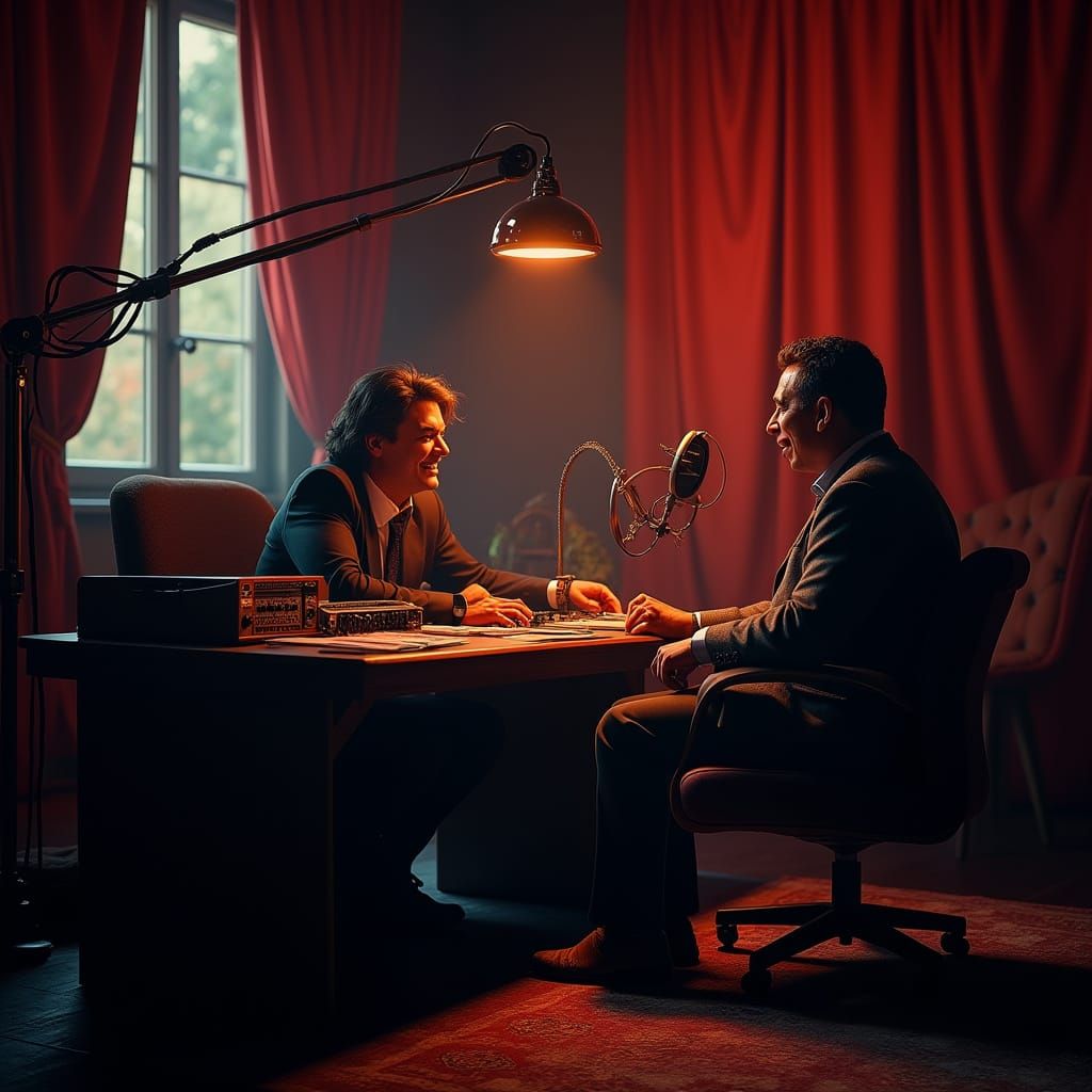 Charismatic Radio Host in Dimly Lit Radio Booth, Conducting ...