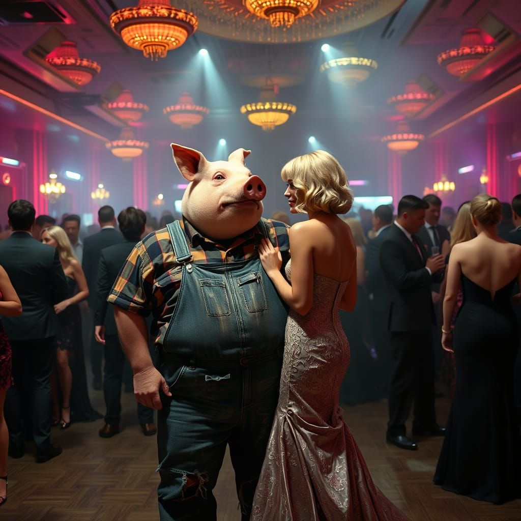 Pig-Headed Man Admires Woman in Cyberpunk Ballroom