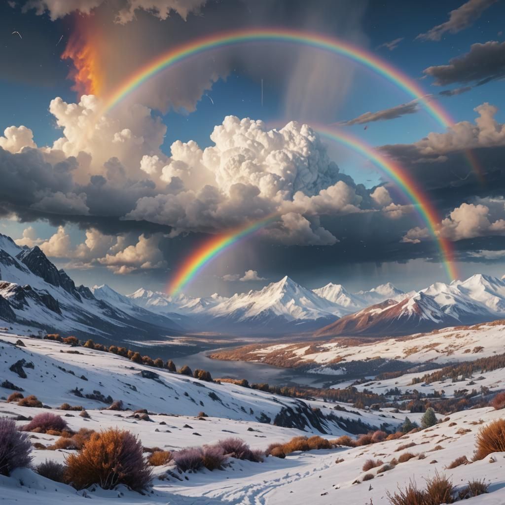 Rainbow Over Snowy Landscape in Detailed Matte Painting