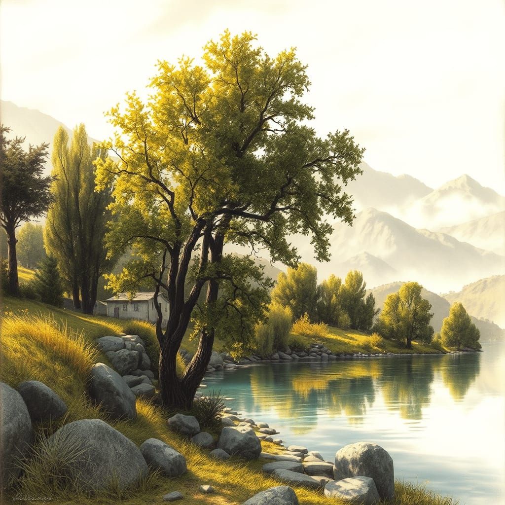 Dreamy Vacation Landscape in Hyperdetailed Charcoal Style