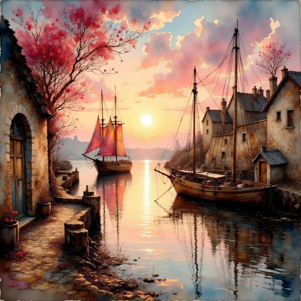 Ancient Harbour Scene in Soft Focus, Sailing Ship Enters Tra...