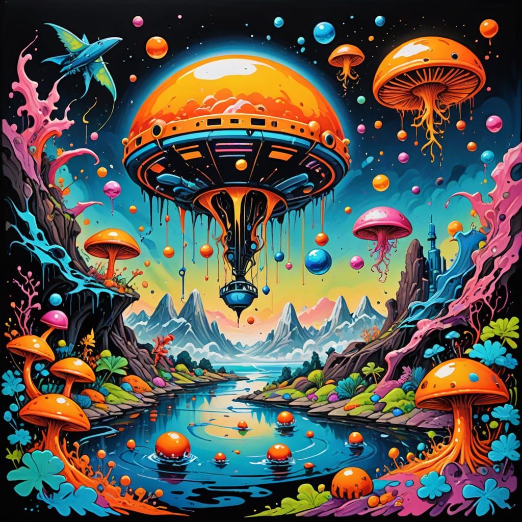 Psychedelic Alien Landscape with Flying Creatures in Graffit...