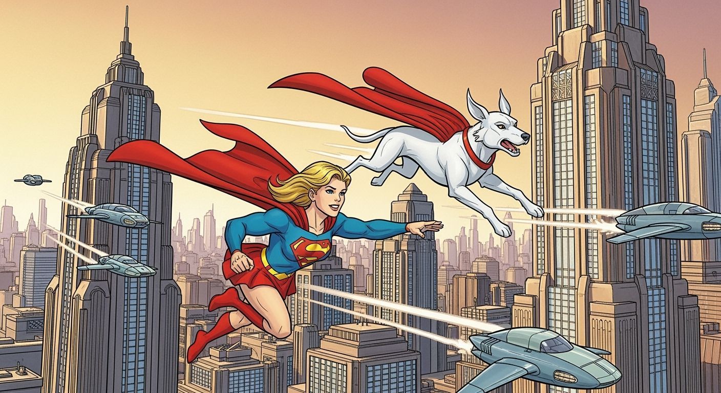 Supergirl and Krypto soars through the air above a bustling Metropolis, cape billowing in the wind.
