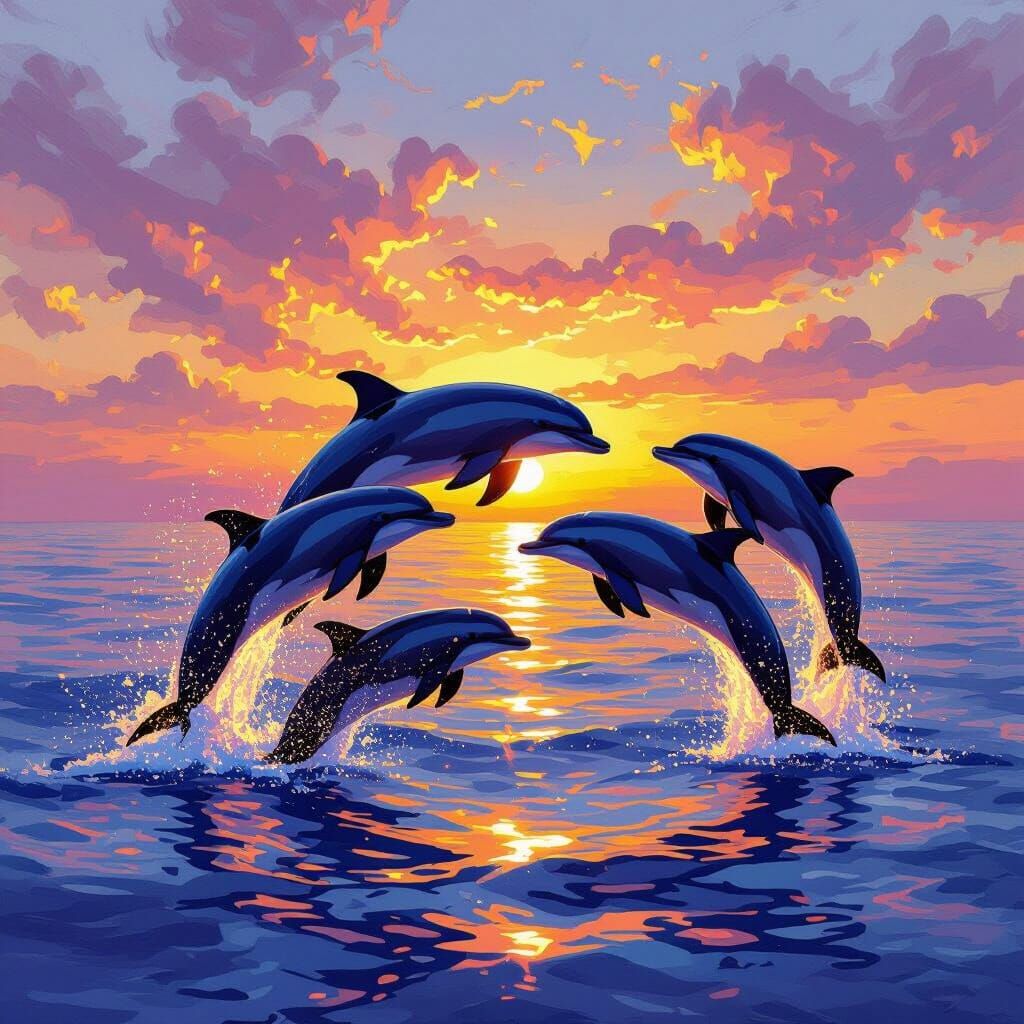 Dolphins Leap in Purple Ocean Sunset, Impressionistic Style