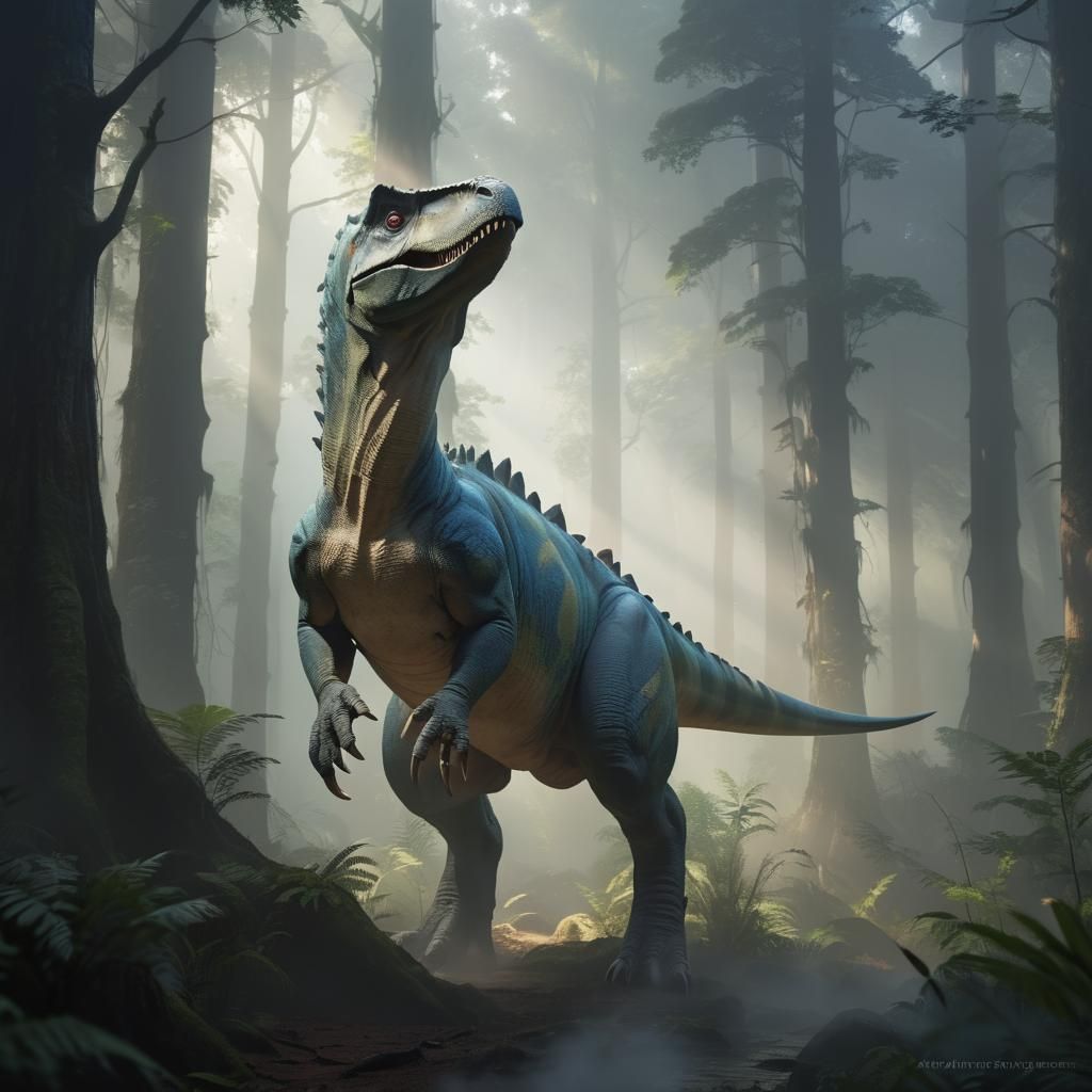 Dinosaur in Misty Forest: Anime-Inspired 3D Art