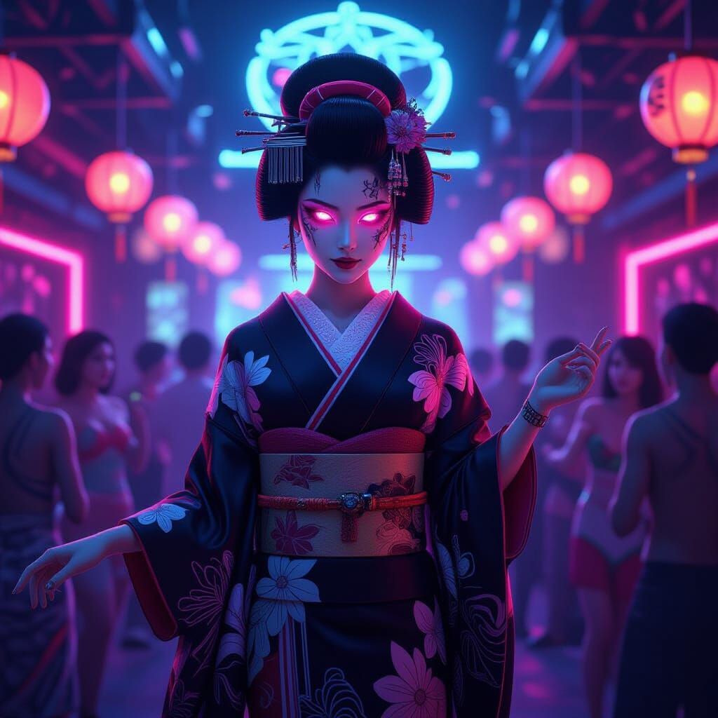 Cyberpunk Geisha Dances in Neon Virtual Reality