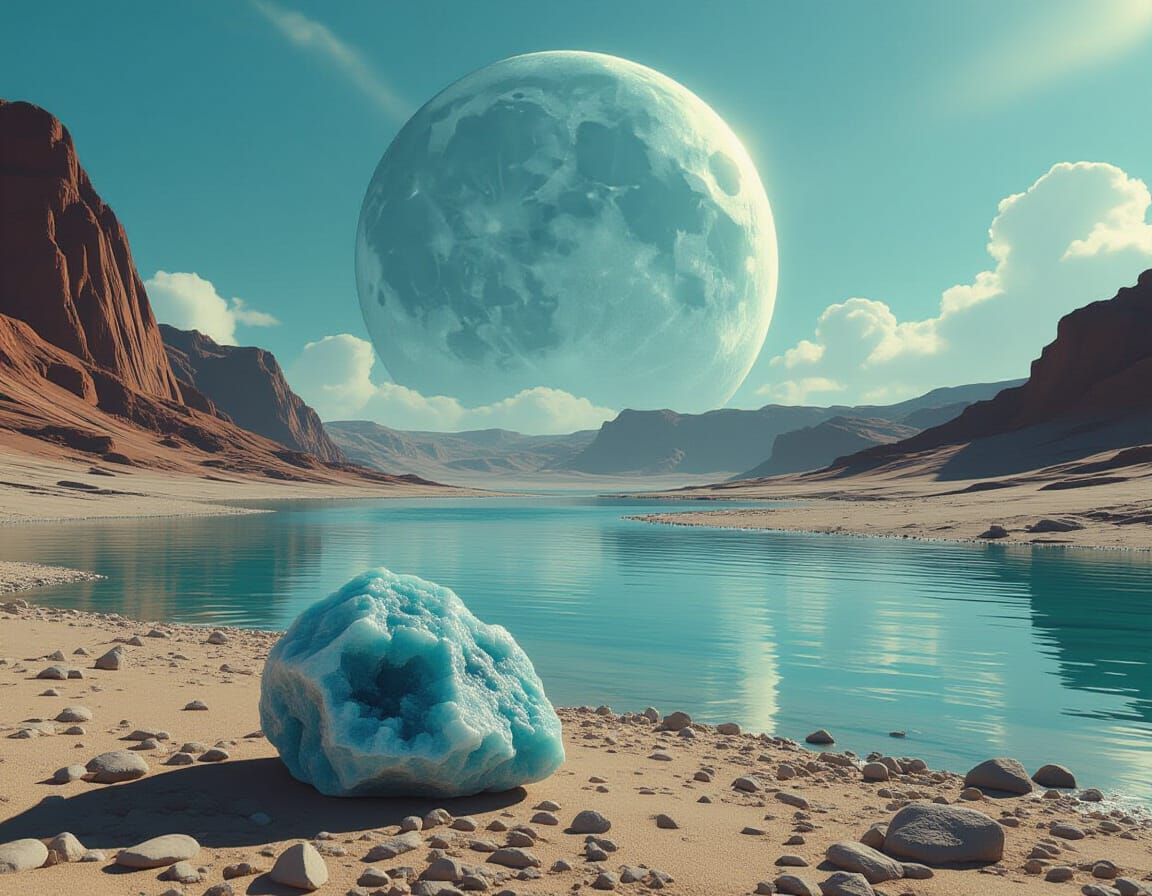 Larimar Stone on Alien Riverbed with Colossal Planet Sky