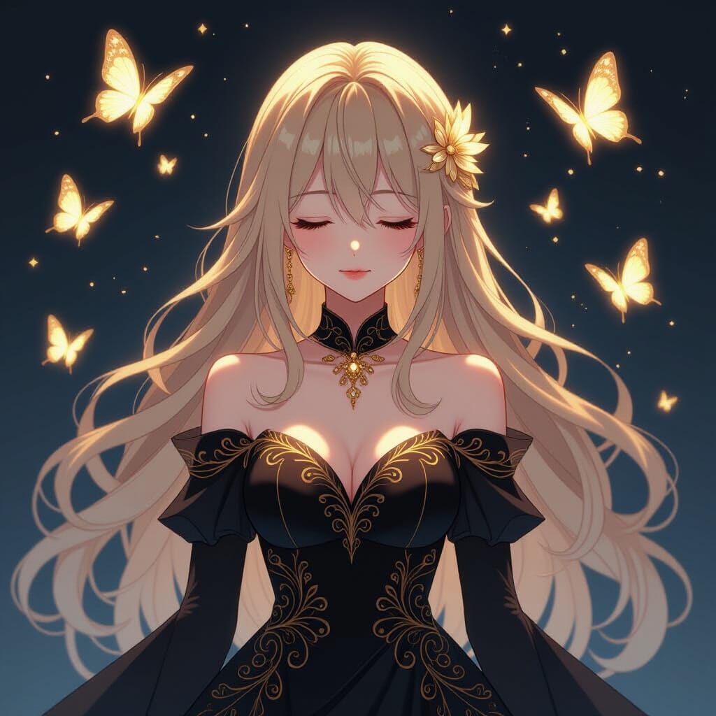 Anime Girl Surrounded by Glowing Butterflies in Fantasy Styl...