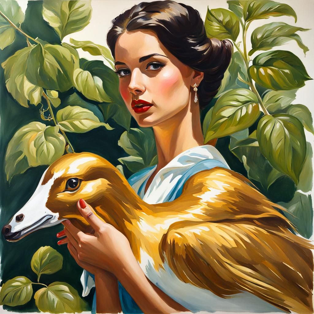 Girl with Golden Goose in Gouache Style