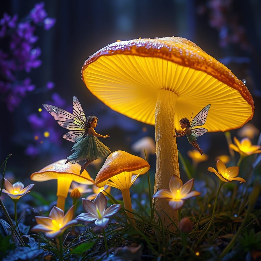 Fairies in Enchanted Forest with Glowing Mushrooms