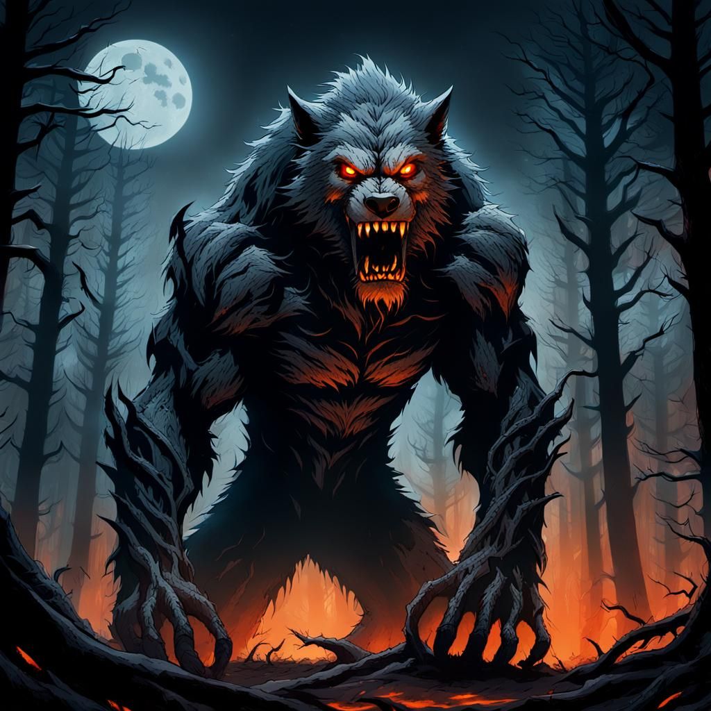 Giant Werewolf in Gloomy Iron Forest: Dark Fantasy Art