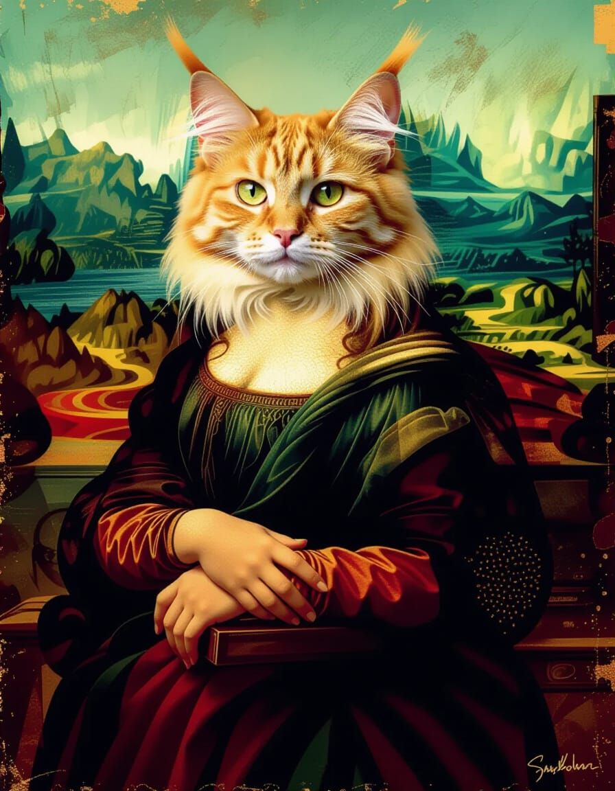 Surreal Cat Posing as Mona Lisa in Art Brut Style